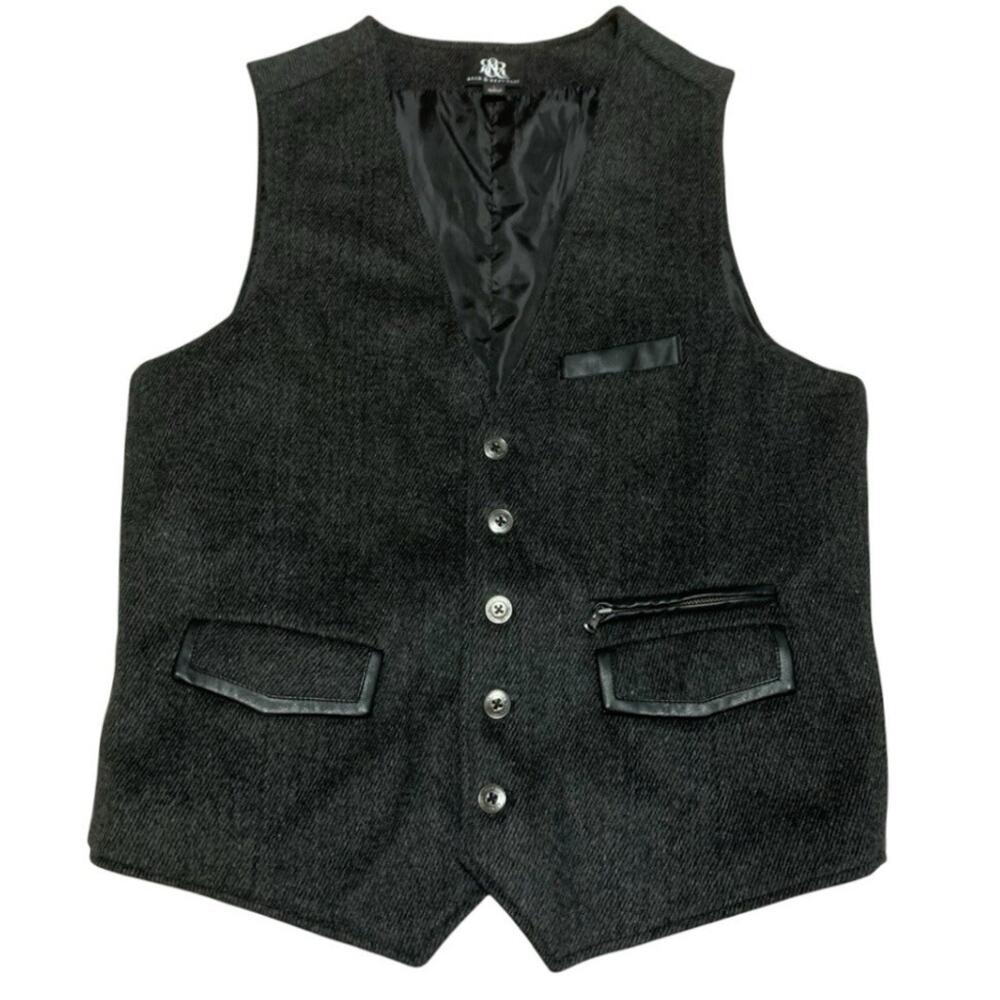 Rock & Republic Mens Wool Blend Vest Large Gray Black Faux Leather Trim